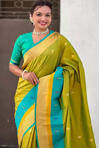Mehendi woven self design pure silk paithani saree with blouse
