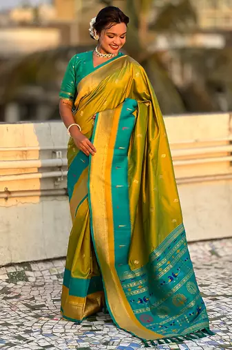 Mehendi woven self design pure silk paithani saree with blouse