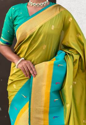 Mehendi woven self design pure silk paithani saree with blouse 4