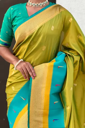 Mehendi woven self design pure silk paithani saree with blouse