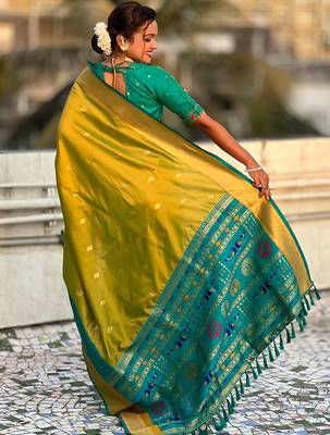 Mehendi woven self design pure silk paithani saree with blouse 5