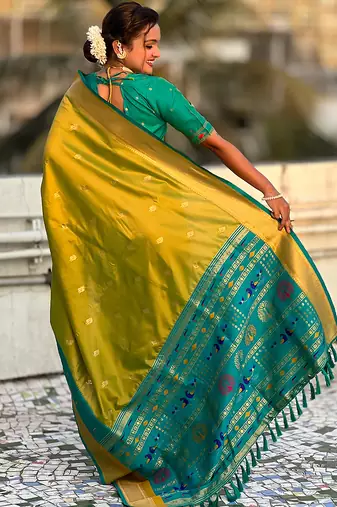 Mehendi woven self design pure silk paithani saree with blouse