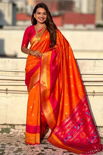 Orange woven self design pure silk paithani saree with blouse