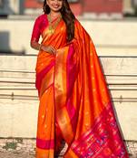 Orange woven self design pure silk paithani saree with blouse