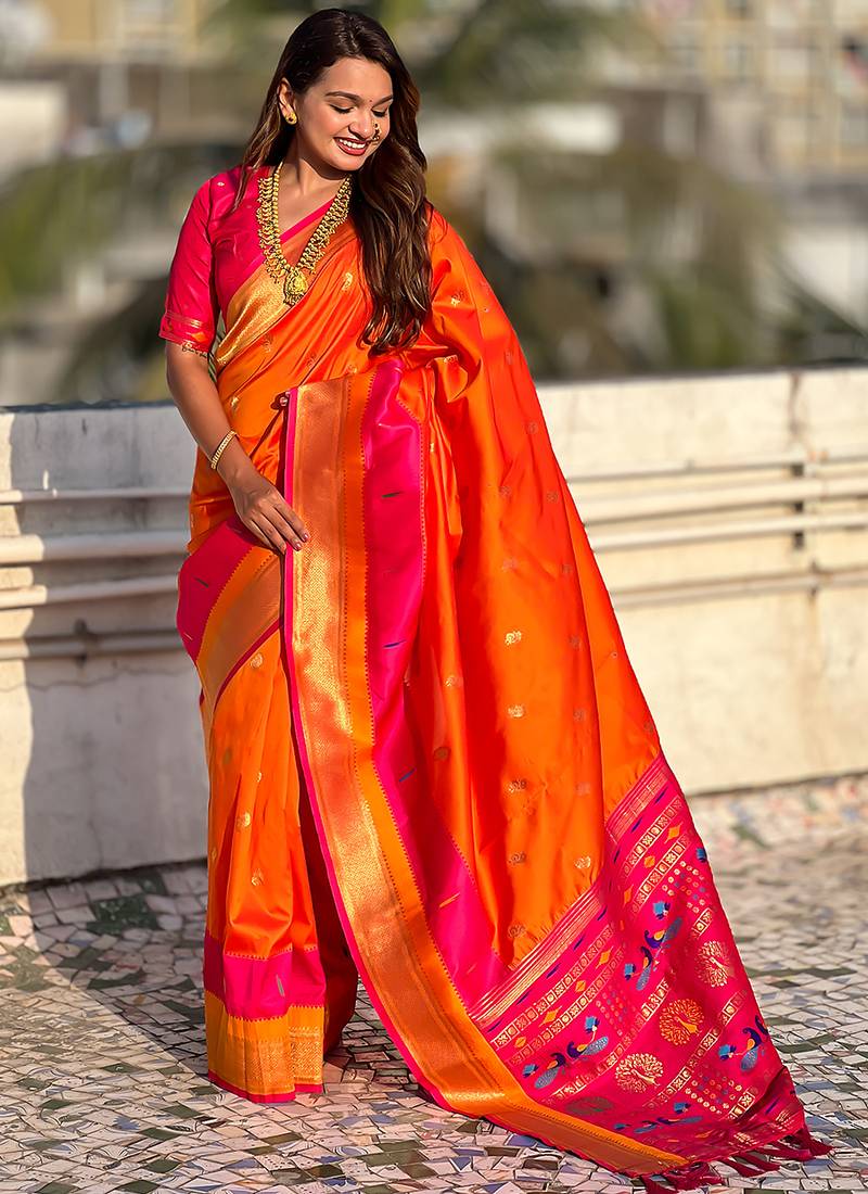 Orange woven self design pure silk paithani saree with blouse