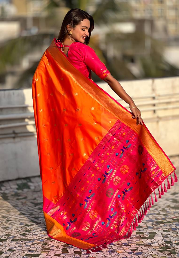 Orange woven self design pure silk paithani saree with blouse