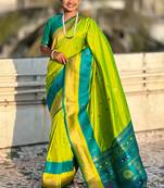 Parrot green woven self design pure silk paithani saree with blouse