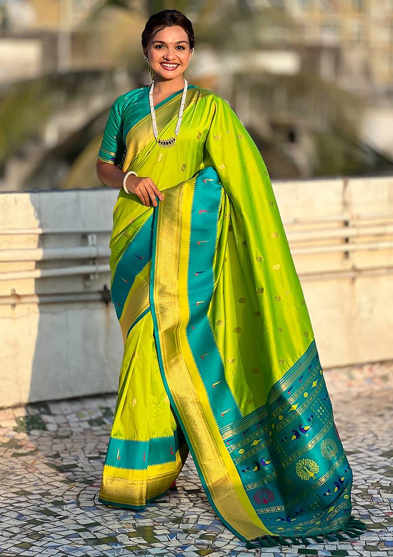 Parrot green woven self design pure silk paithani saree with blouse