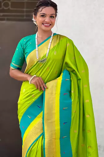 Parrot green woven self design pure silk paithani saree with blouse