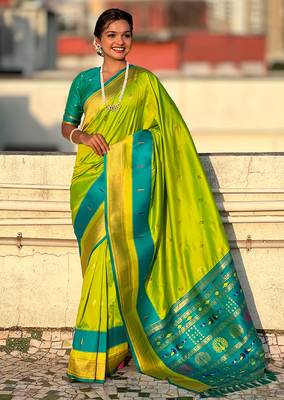 Parrot green woven self design pure silk paithani saree with blouse 3
