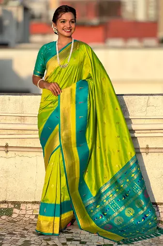 Parrot green woven self design pure silk paithani saree with blouse