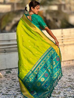 Parrot green woven self design pure silk paithani saree with blouse 5