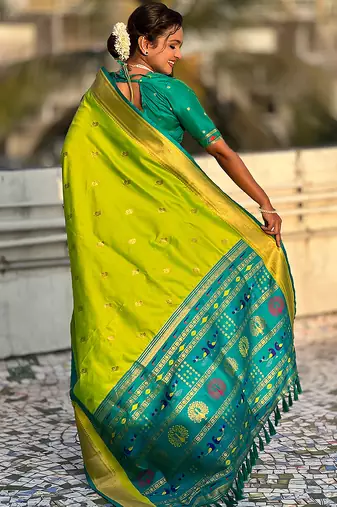 Parrot green woven self design pure silk paithani saree with blouse