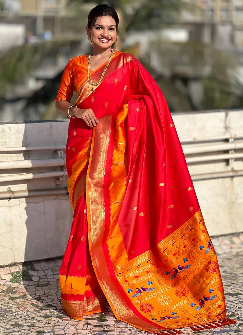 Red woven self design pure silk paithani saree with blouse