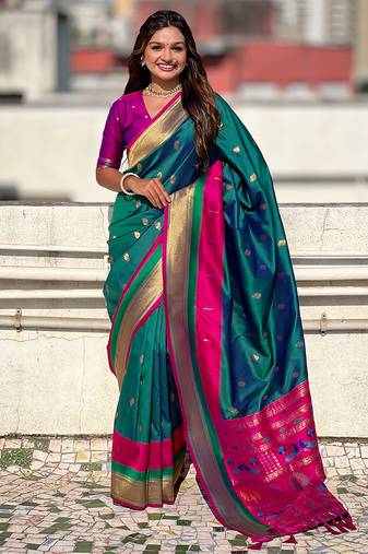 Teal green woven self design pure silk paithani saree with blouse