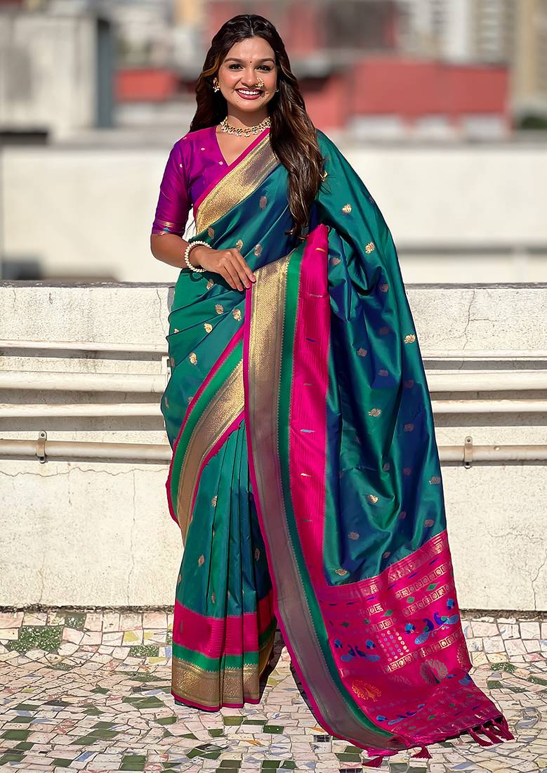Teal green woven self design pure silk paithani saree with blouse