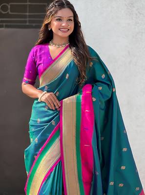 Teal green woven self design pure silk paithani saree with blouse 2