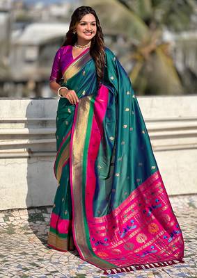 Teal green woven self design pure silk paithani saree with blouse 3