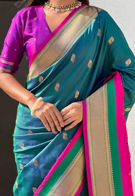 Teal green woven self design pure silk paithani saree with blouse 4
