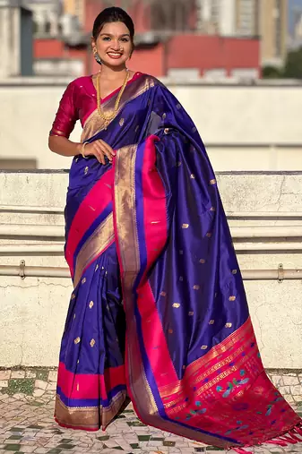 Violet woven self design pure silk paithani saree with blouse