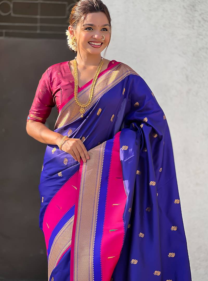 Violet woven self design pure silk paithani saree with blouse