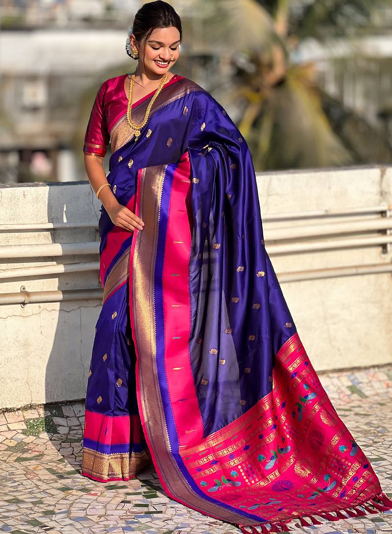 Violet woven self design pure silk paithani saree with blouse