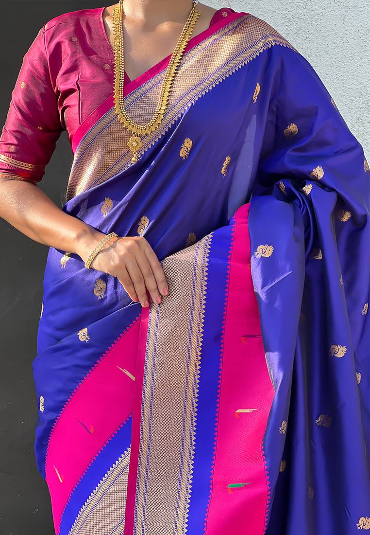 Violet woven self design pure silk paithani saree with blouse