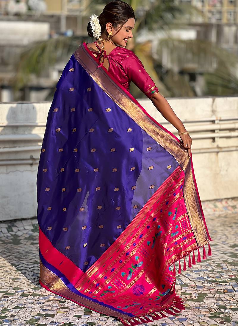 Violet woven self design pure silk paithani saree with blouse