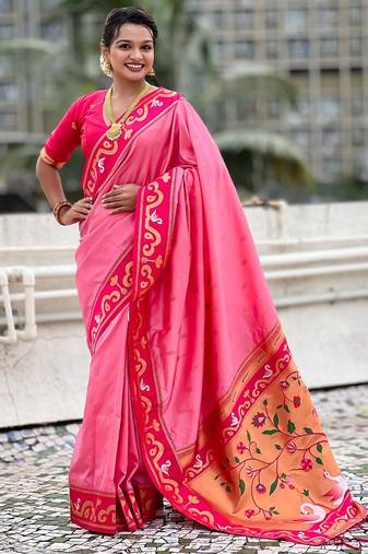 Baby pink woven self design pure silk paithani saree with blouse