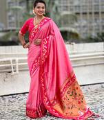 Baby pink woven self design pure silk paithani saree with blouse
