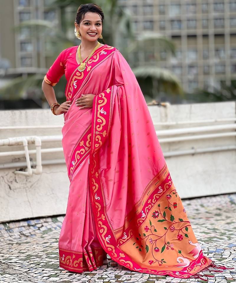 Baby pink woven self design pure silk paithani saree with blouse