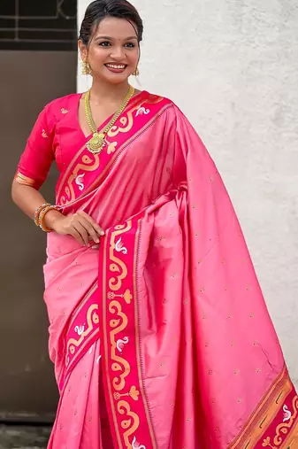 Baby pink woven self design pure silk paithani saree with blouse