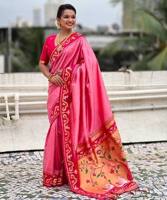 Baby pink woven self design pure silk paithani saree with blouse 3