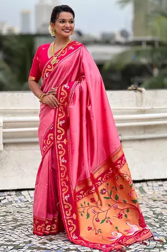Baby pink woven self design pure silk paithani saree with blouse