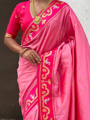 Baby pink woven self design pure silk paithani saree with blouse 4
