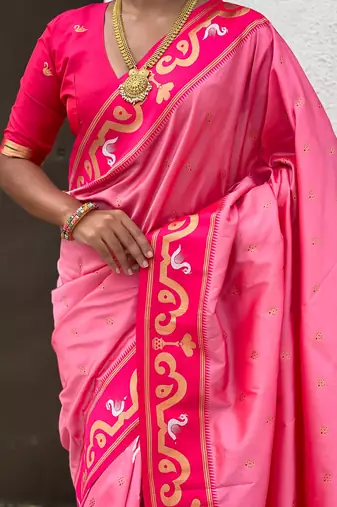 Baby pink woven self design pure silk paithani saree with blouse