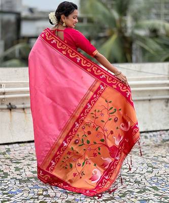 Baby pink woven self design pure silk paithani saree with blouse 5