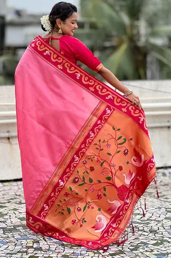 Baby pink woven self design pure silk paithani saree with blouse