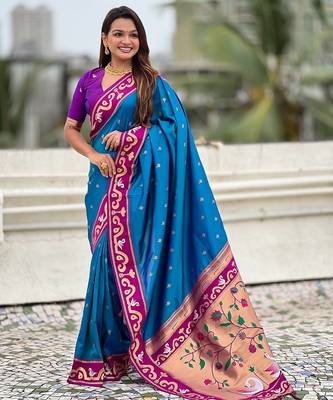 Blue woven self design pure silk paithani saree with blouse 1