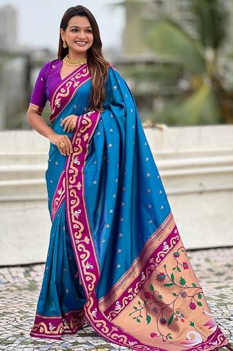 Blue woven self design pure silk paithani saree with blouse