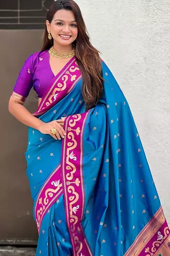 Blue woven self design pure silk paithani saree with blouse