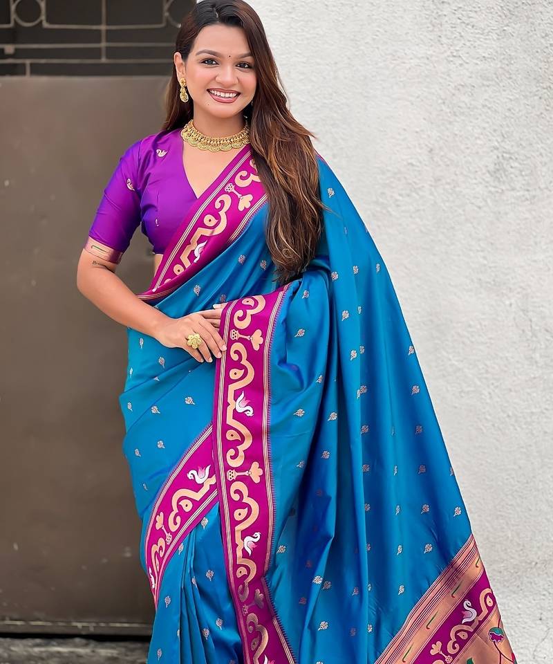 Blue woven self design pure silk paithani saree with blouse