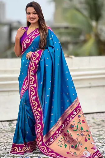 Blue woven self design pure silk paithani saree with blouse