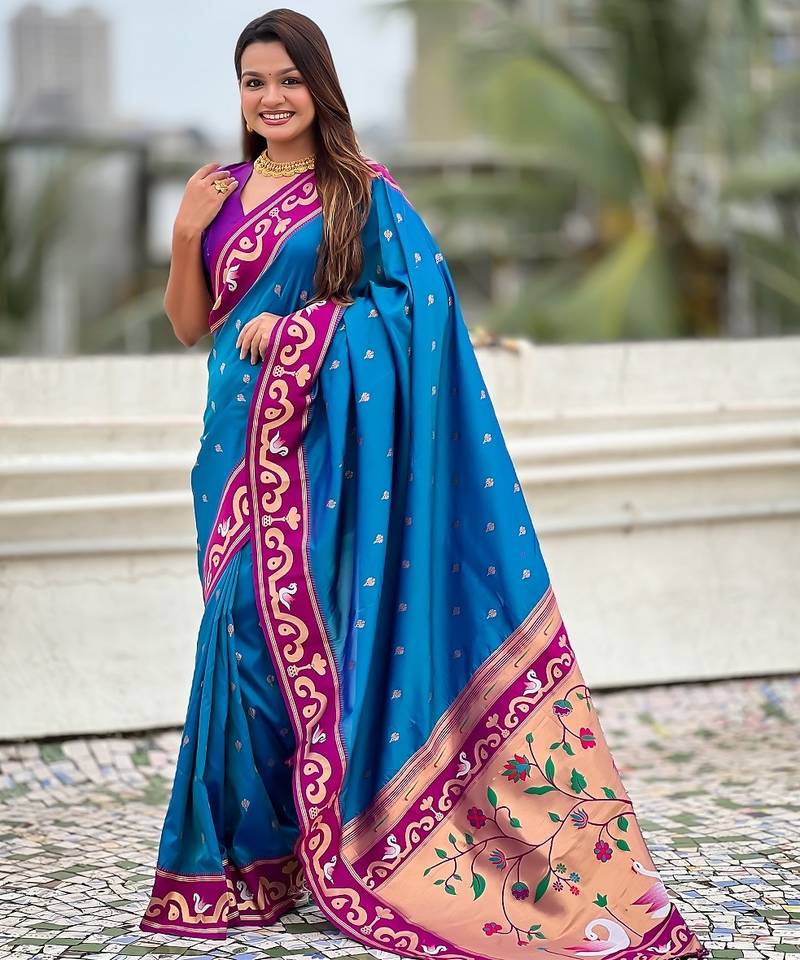 Blue woven self design pure silk paithani saree with blouse