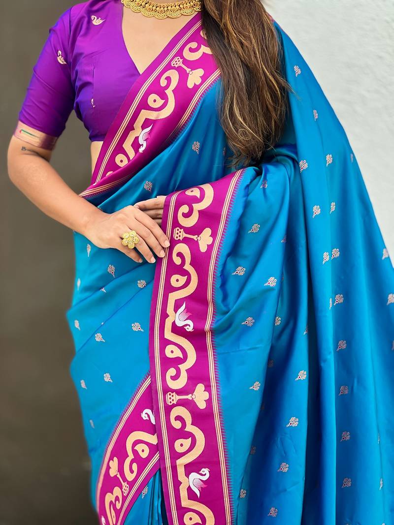 Blue woven self design pure silk paithani saree with blouse