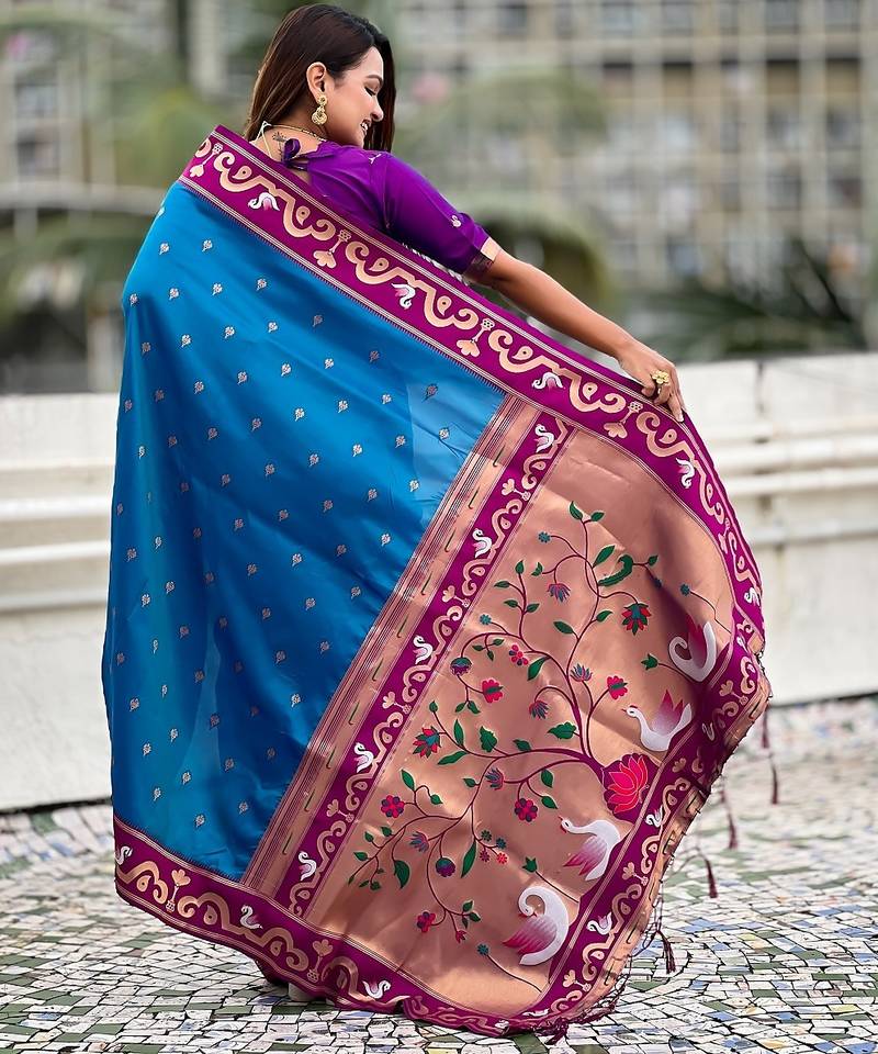 Blue woven self design pure silk paithani saree with blouse