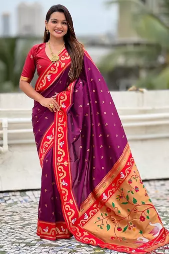 Magenta red woven self design pure silk paithani saree with blouse