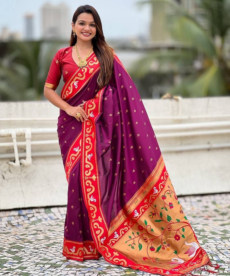 Magenta red woven self design pure silk paithani saree with blouse