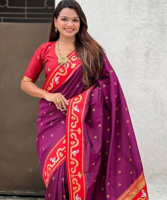 Magenta red woven self design pure silk paithani saree with blouse 2