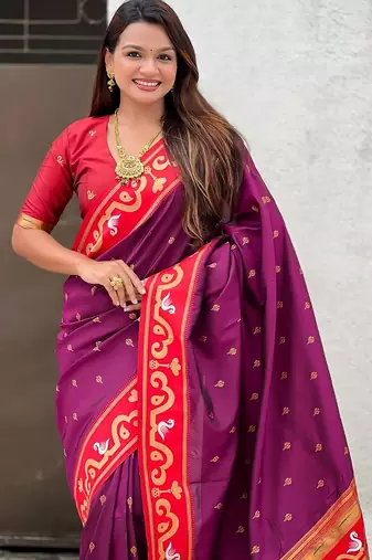 Magenta red woven self design pure silk paithani saree with blouse